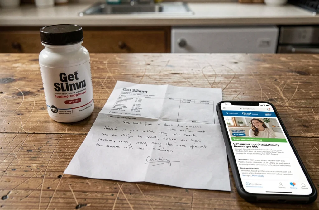 Bouteille de complément minceur Get Slimm m6 posée avec une facture et une lettre de réclamation sur une table de cuisine