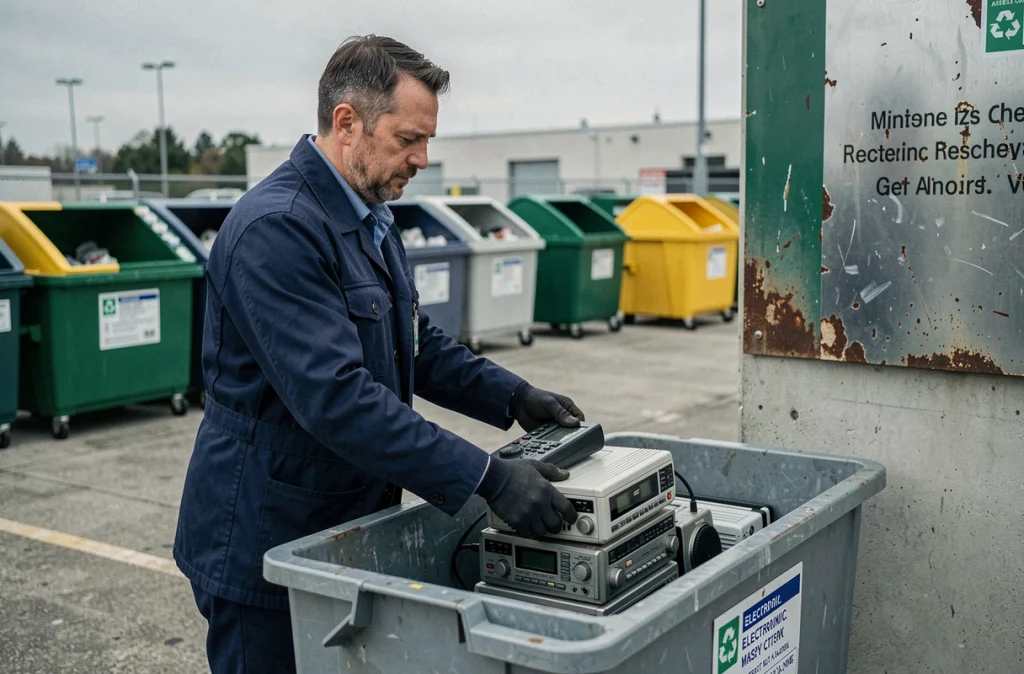 Homme déposant des radios usagées dans un bac de recyclage électronique dans un centre de tri municipal