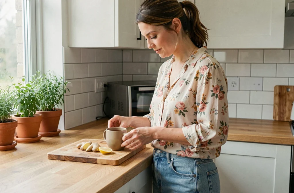 Femme enceinte préparant une tisane au gingembre et citron dans sa cuisine pour soulager les nausées matinales