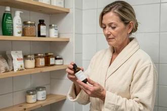 Femme mature en peignoir lisant les étiquettes de remèdes naturels dans une salle de bain bien rangée