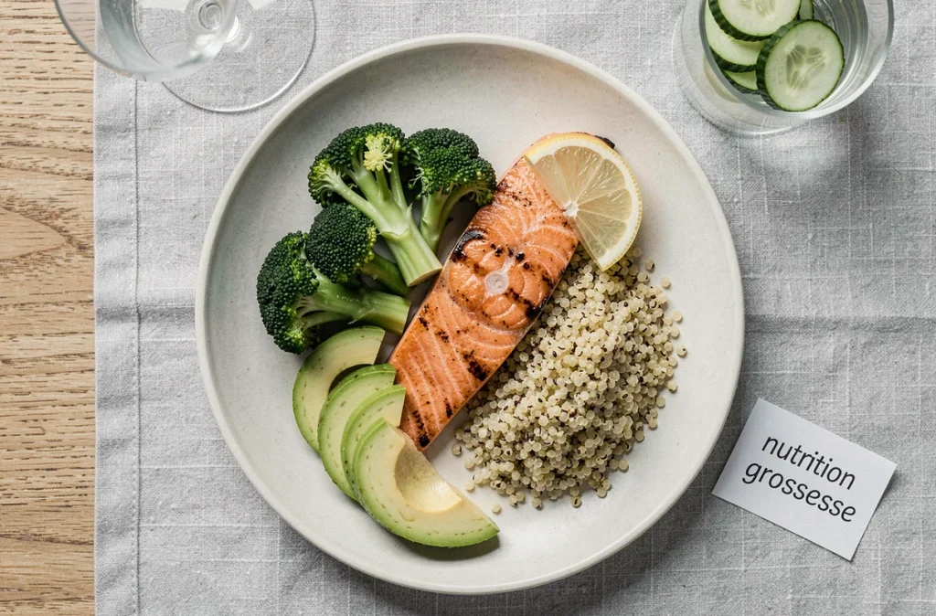 Assiette équilibrée pour femme enceinte avec saumon, brocoli, quinoa et avocat vue de dessus