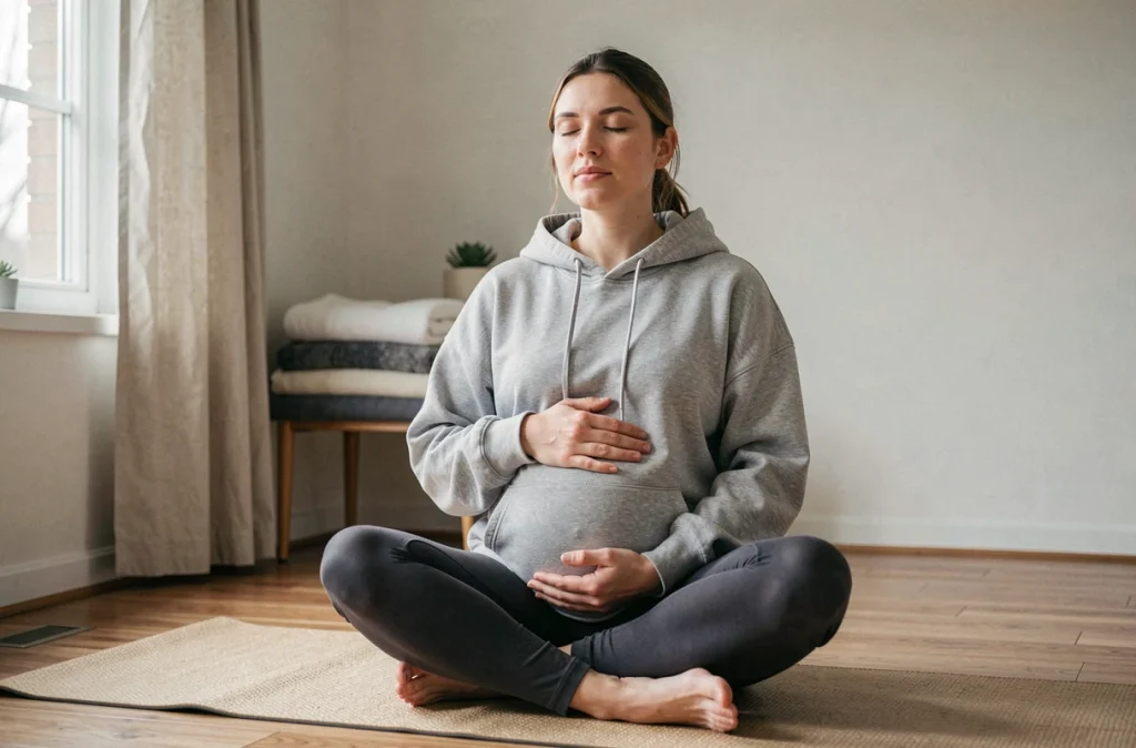 Femme enceinte pratiquant la respiration prénatale sur un tapis de yoga pour favoriser le sommeil