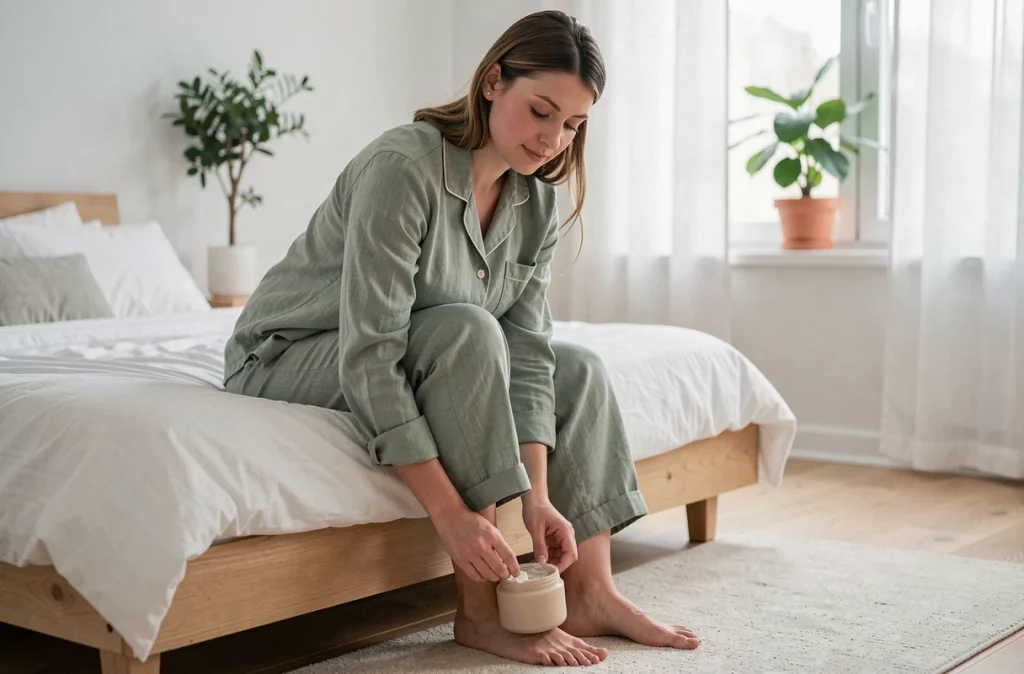 Femme enceinte en pyjama préparant sa routine du soir avant de dormir