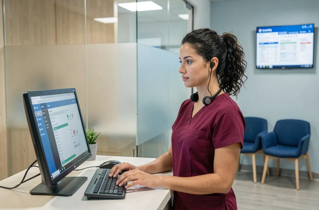 Secrétaire médicale gérant les rendez-vous de télémédecine dans un cabinet modernisé