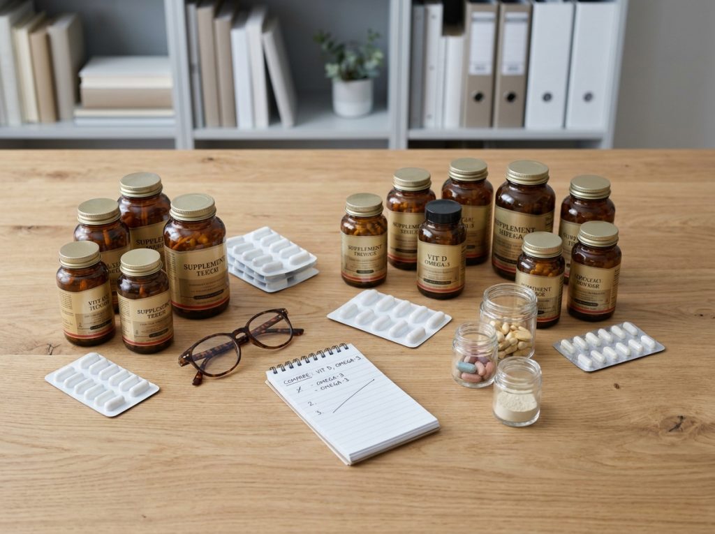 Sélection de compléments alimentaires disposés sur une table en bois avec un carnet de notes pour comparer les produits