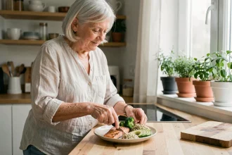 Femme senior en bonne santé préparant un repas équilibré riche en protéines pour préserver sa masse musculaire