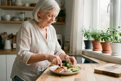 Femme senior en bonne santé préparant un repas équilibré riche en protéines pour préserver sa masse musculaire
