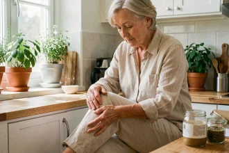 Senior femme appliquant un baume naturel sur son genou pour soulager les douleurs articulaires dans une cuisine avec des plantes médicinales