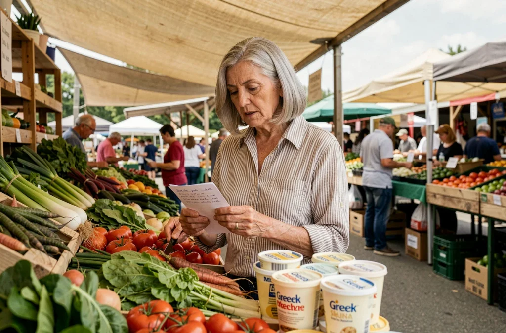 Femme senior faisant ses courses au marché pour choisir des aliments adaptés à la préservation de la masse musculaire