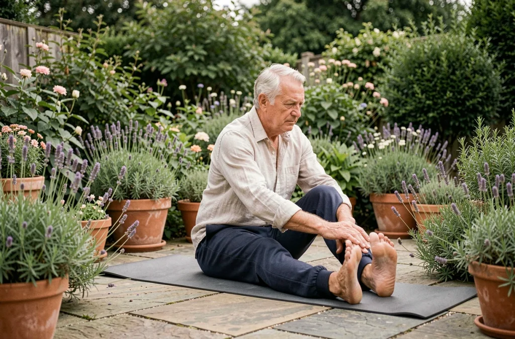 Senior homme pratiquant des étirements doux dans un jardin entouré de plantes aromatiques pour soulager les douleurs articulaires naturellement