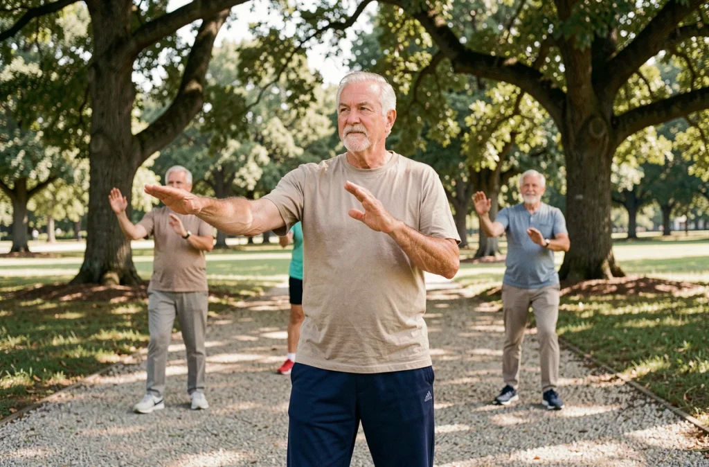 Homme senior pratiquant des exercices de mobilité douce en plein air dans un parc avec un groupe de personnes âgées