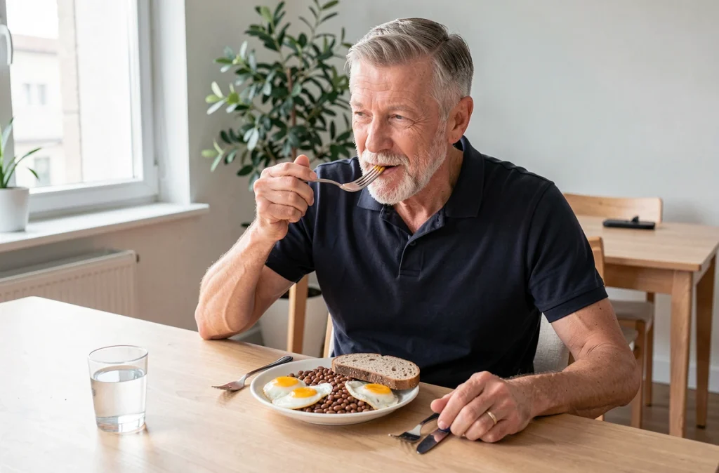Homme senior actif consommant un repas protéiné équilibré pour maintenir sa masse musculaire au quotidien