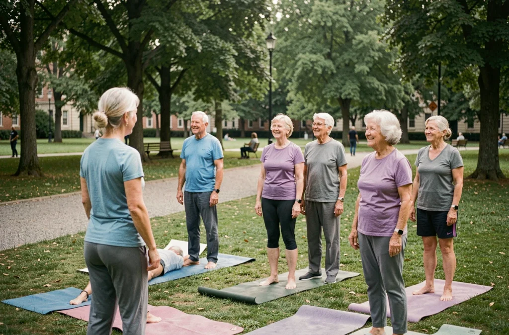 Groupe de seniors participant à un cours de yoga en plein air dans un parc, illustrant comment les activités collectives réduisent l'isolement social chez les personnes âgées