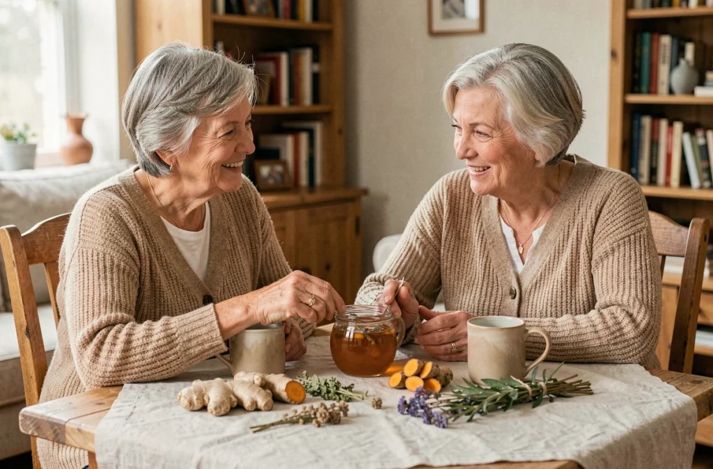 Deux femmes seniors préparant une tisane anti-inflammatoire au curcuma et gingembre pour soulager naturellement les douleurs articulaires