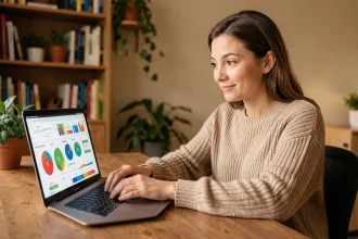 Femme utilisant un simulateur d'espérance de vie Natacha Birds sur un ordinateur portable dans un bureau cosy à domicile