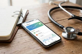 Smartphone affichant une application de santé posé sur un bureau en bois