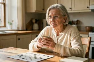 Femme âgée de plus de 65 ans réfléchissant le matin autour d'un café, illustrant les liens entre sommeil et mémoire chez les seniors