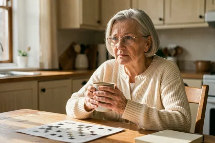 Femme âgée de plus de 65 ans réfléchissant le matin autour d'un café, illustrant les liens entre sommeil et mémoire chez les seniors