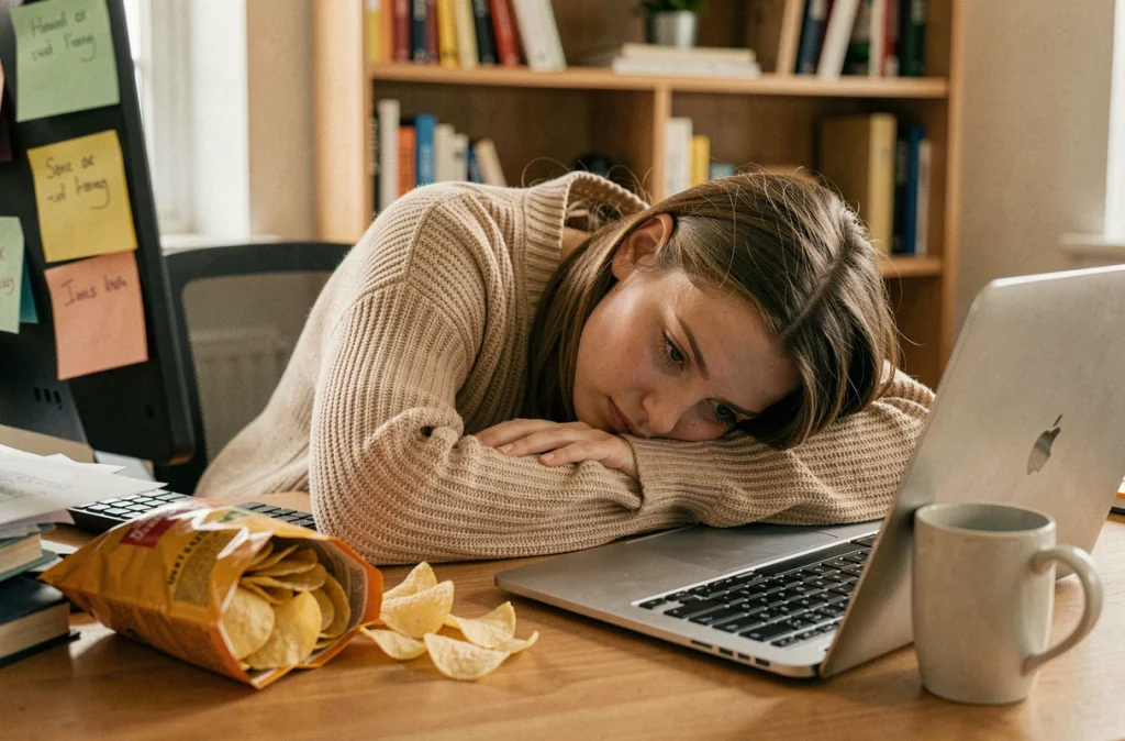 Jeune femme épuisée endormie sur son bureau avec des snacks illustrant les effets du manque de sommeil sur l'alimentation