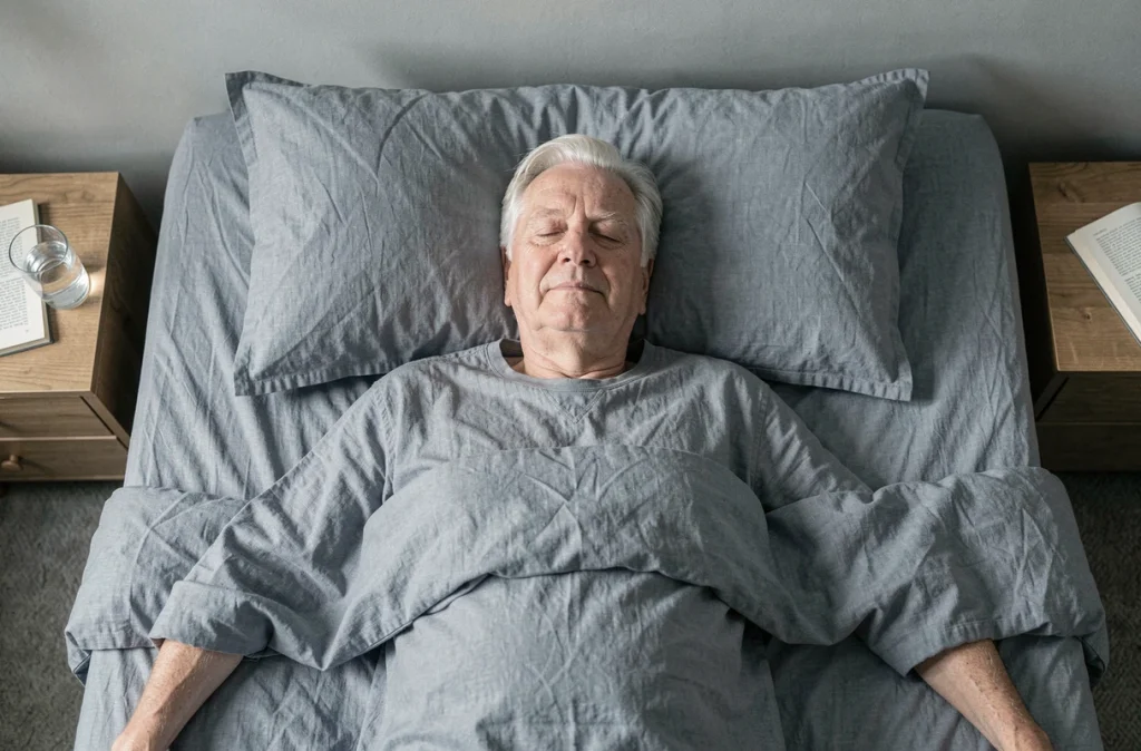 Homme senior endormi paisiblement dans sa chambre, symbolisant l'importance du sommeil réparateur pour la mémoire après 65 ans