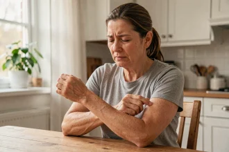 Femme massant son avant-bras pour soulager les fourmillements dans les bras à la maison