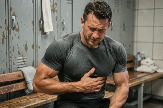 Sportif assis dans un vestiaire tenant sa cage thoracique avec une expression de douleur, illustrant les symptômes d'une côte déplacée