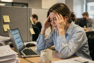 Femme stressée au bureau, les mains sur les tempes, illustrant l'impact du stress chronique sur la santé