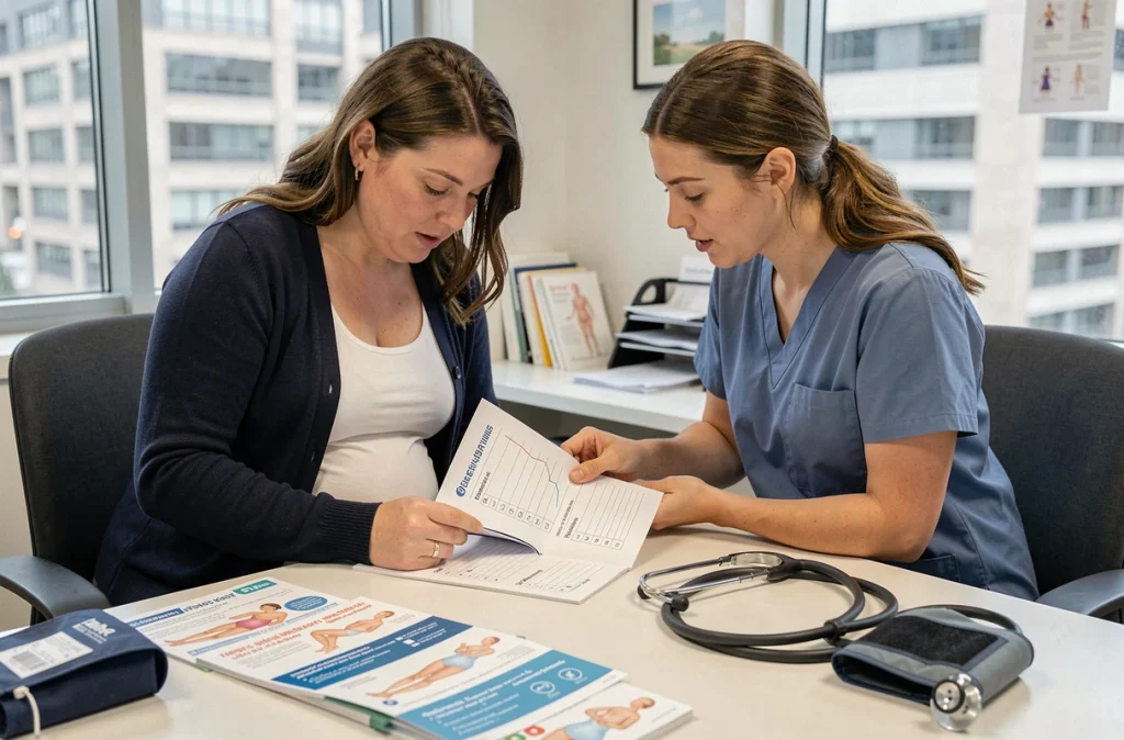 Sage-femme et femme enceinte consultant le carnet de suivi de grossesse lors d'une visite prénatale