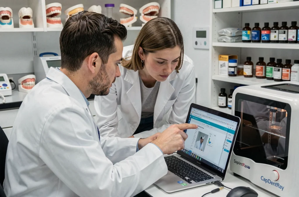 Technicien dentaire et collègue consultant un tutoriel CapDentaire sur ordinateur portable à côté d'une imprimante SprintRay