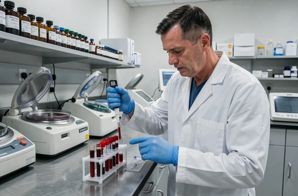 Technicien de laboratoire préparant des échantillons sanguins pour un dosage des marqueurs tumoraux CA 19-9