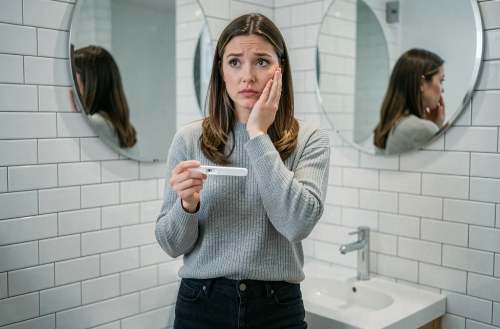Femme tenant un test de grossesse positif dans une salle de bain, découvrant les premiers signes de grossesse