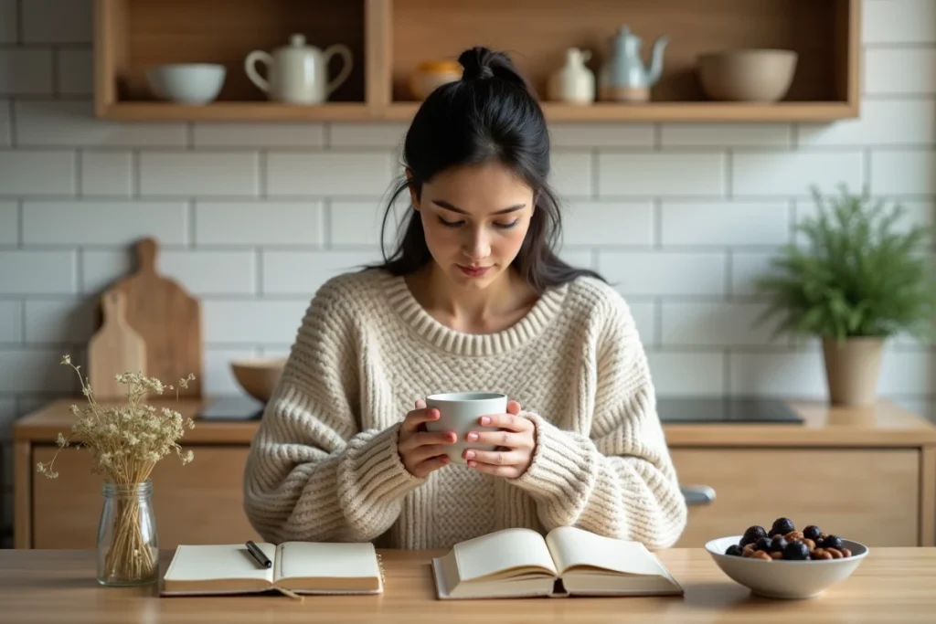Femme buvant une tisane anti-stress dans une cuisine saine pour réduire naturellement le taux de cortisol