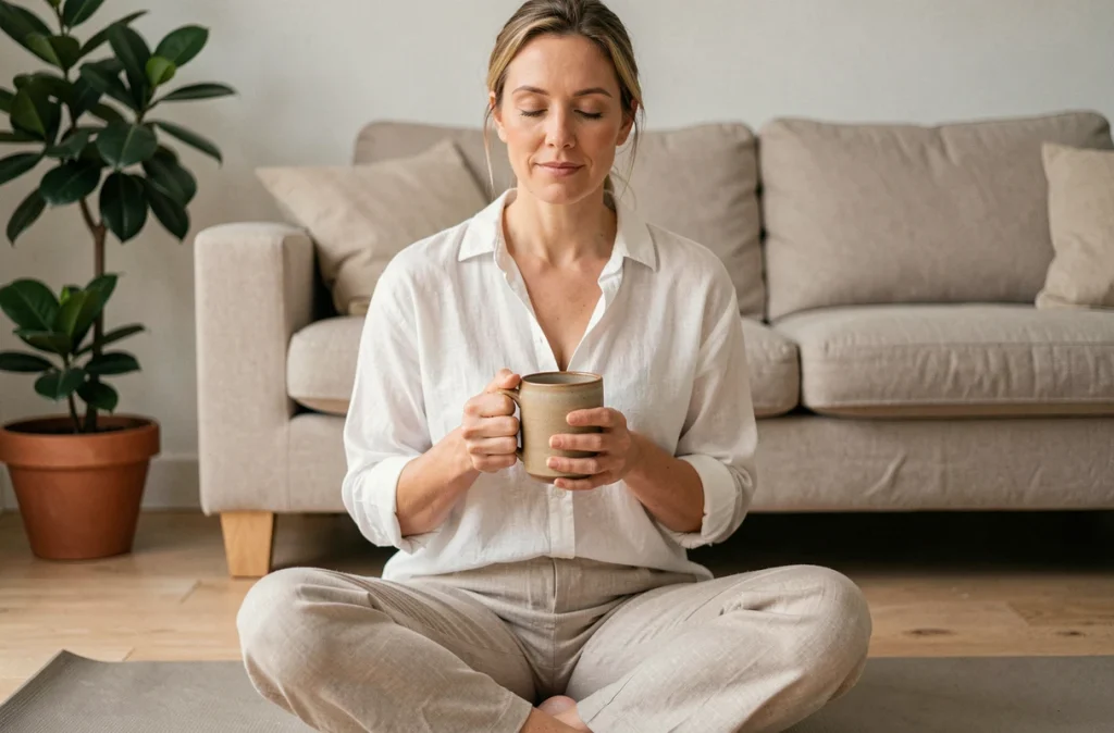 Femme détendue buvant une tisane de plantes apaisantes dans un salon zen et minimaliste