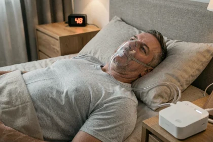 Homme portant un masque CPAP pour traiter l'apnée du sommeil dans une chambre moderne