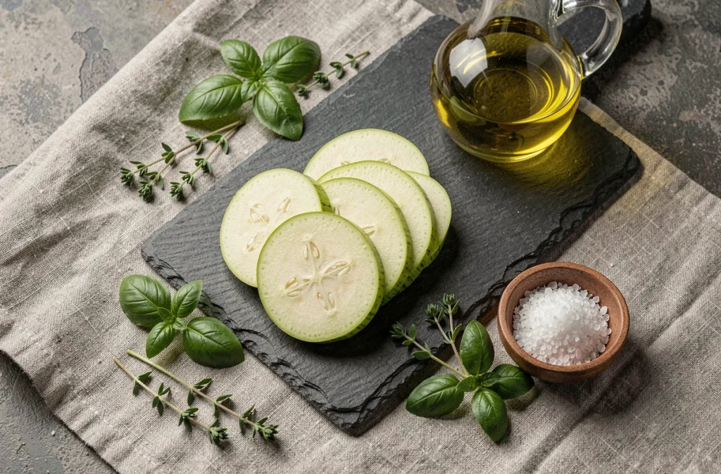 Tranches de courgette crue sur ardoise avec herbes fraîches et huile d'olive, mettant en valeur les propriétés nutritionnelles de la courgette