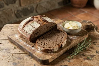 Tranches de pain de seigle artisanal sur une planche en bois rustique avec du beurre et du thym frais