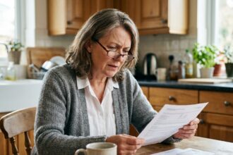 Femme d'une cinquantaine d'années tenant un document et plissant les yeux, symptôme de troubles de la vue chez l'adulte