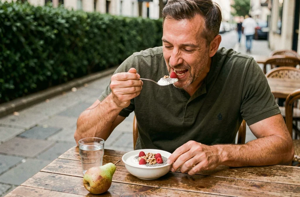 Homme dégustant un bol de yaourt grec aux graines de chia et aux noix, aliments rassasiants naturels, en terrasse de café