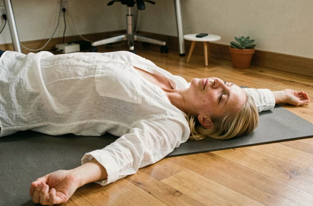 Femme allongée sur un tapis de yoga pratiquant des étirements pour soulager les fourmillements dans les bras